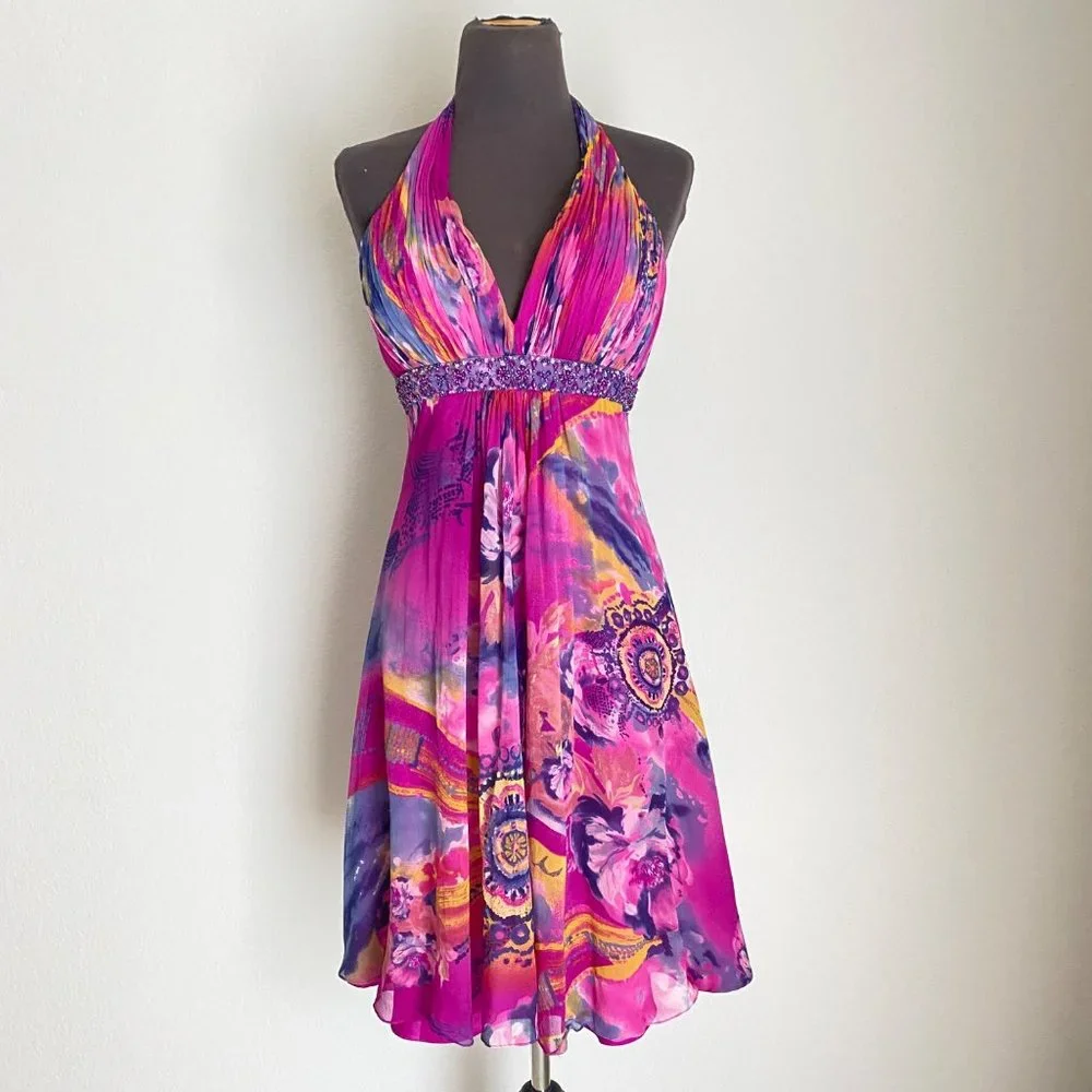 Cache sz 6 Halter 100% Silk backout v neck fit & flare midi cocktail dress - Picture 1 of 9